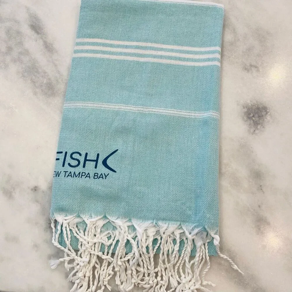 NWOT Crew Tampa Bay Go Fish Striped Fringe Turkish Beach Towel Blue 37